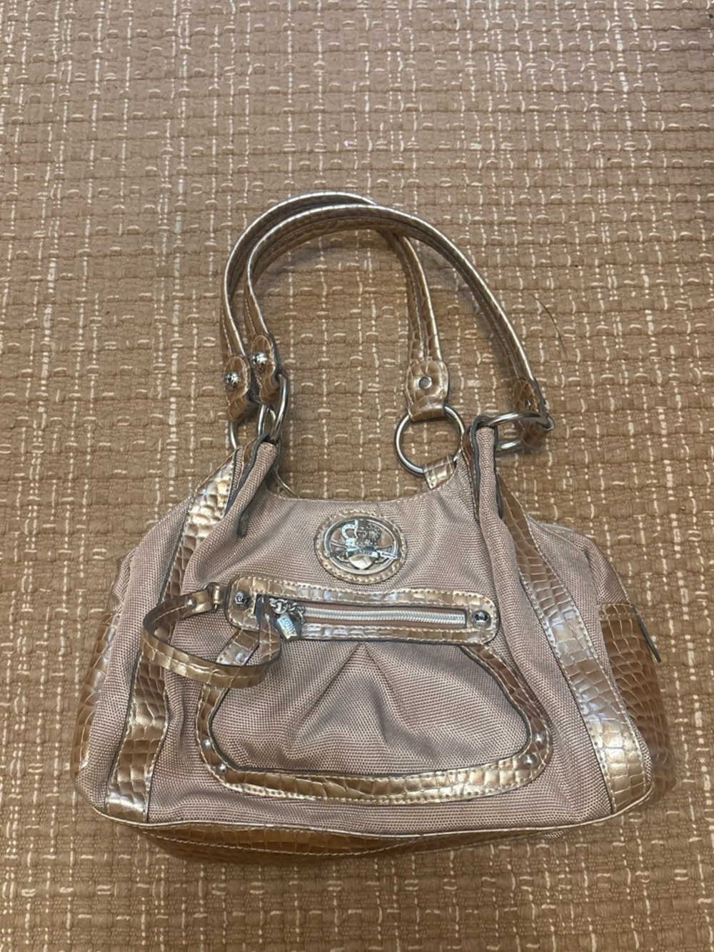 Kathy Van Zeeland Taupe Shoulder Bag with Metallic Bronze Trim
